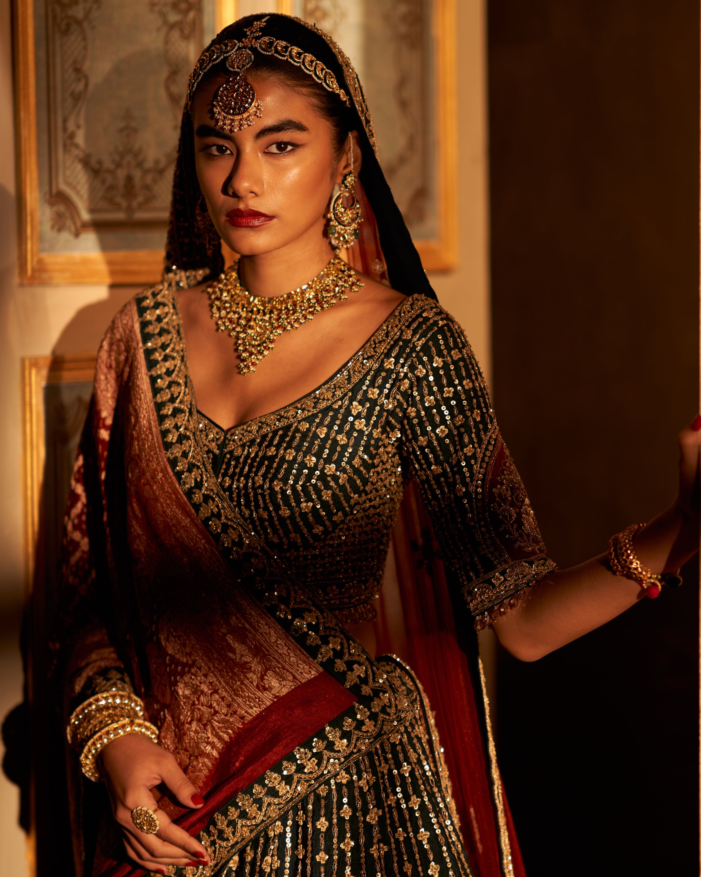 Green Raw Silk Double Dupatta Lehenga Set