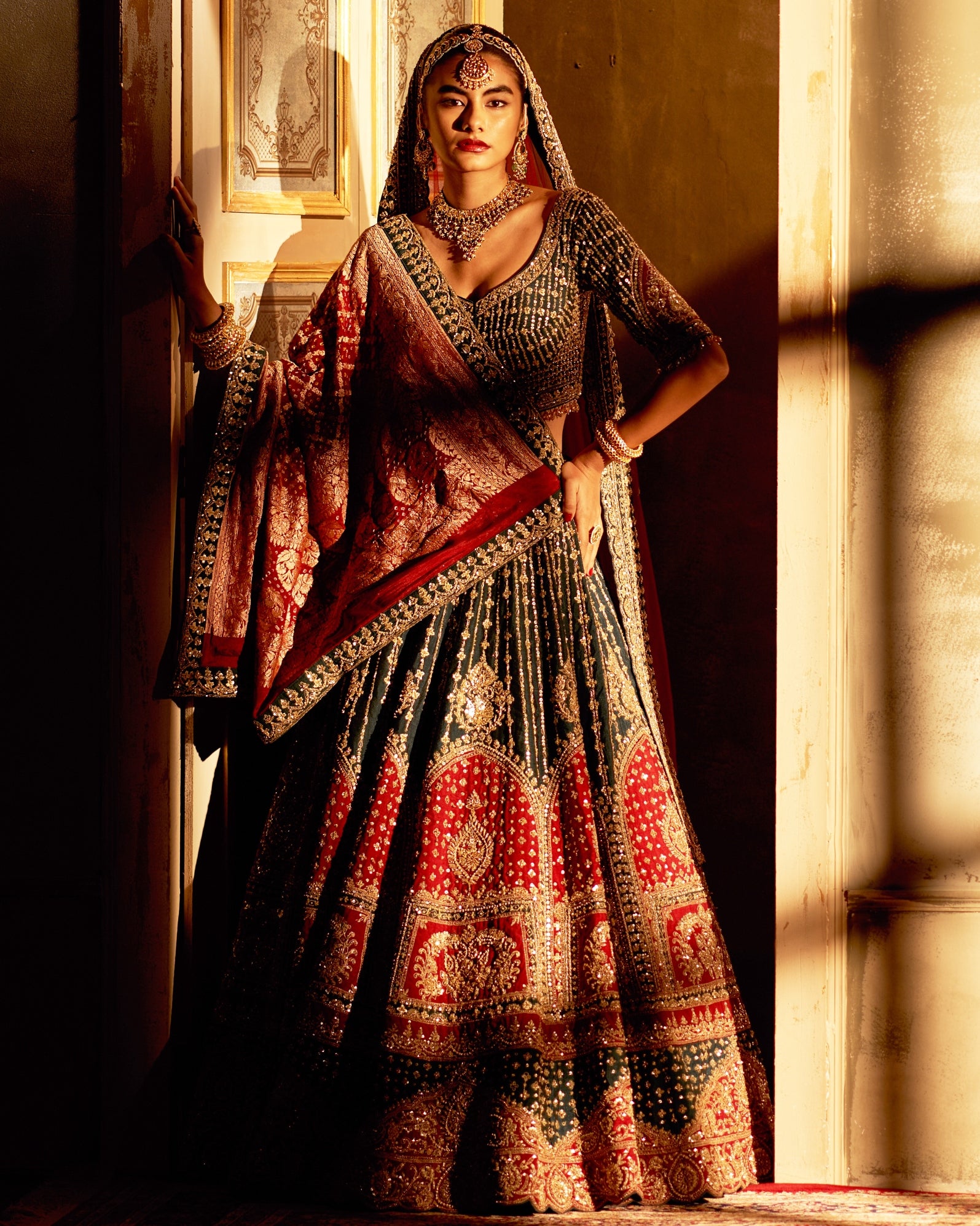 Green Raw Silk Double Dupatta Lehenga Set