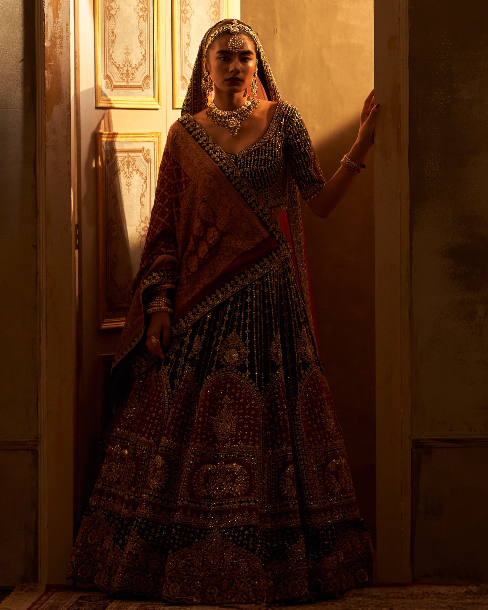 Green Raw Silk Double Dupatta Lehenga Set