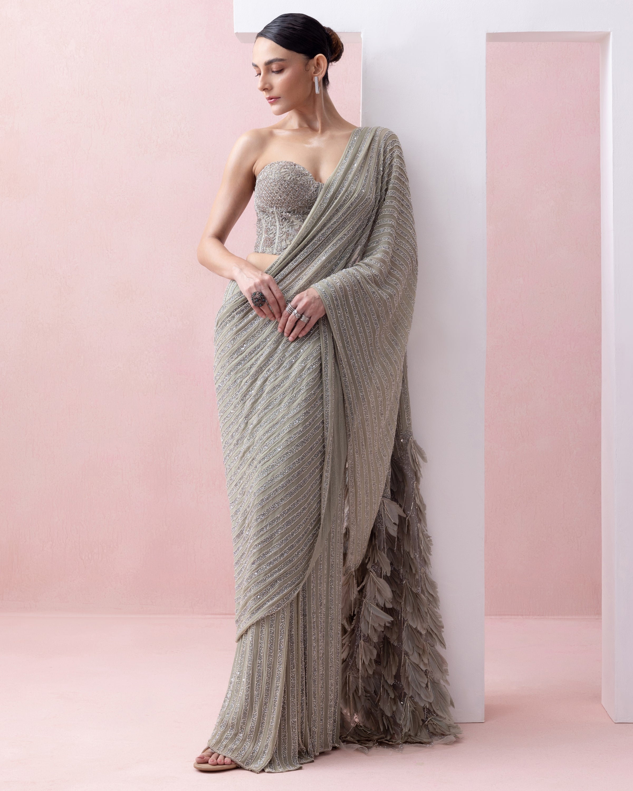 Grey-Green Pre-Stitched Swarovski Sari