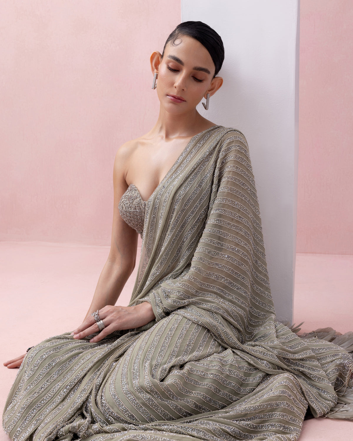 Grey-Green Pre-Stitched Swarovski Sari