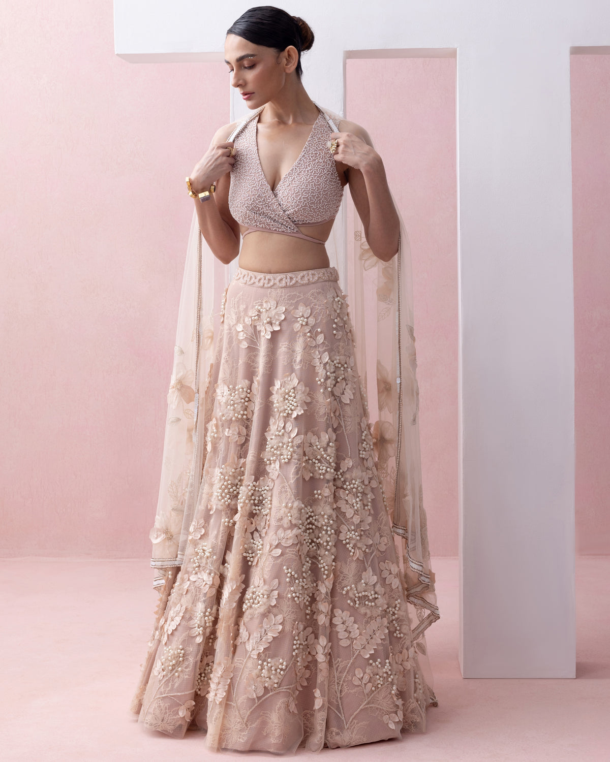 Peach Lace 3D Appliques Tie Up Lehenga Set