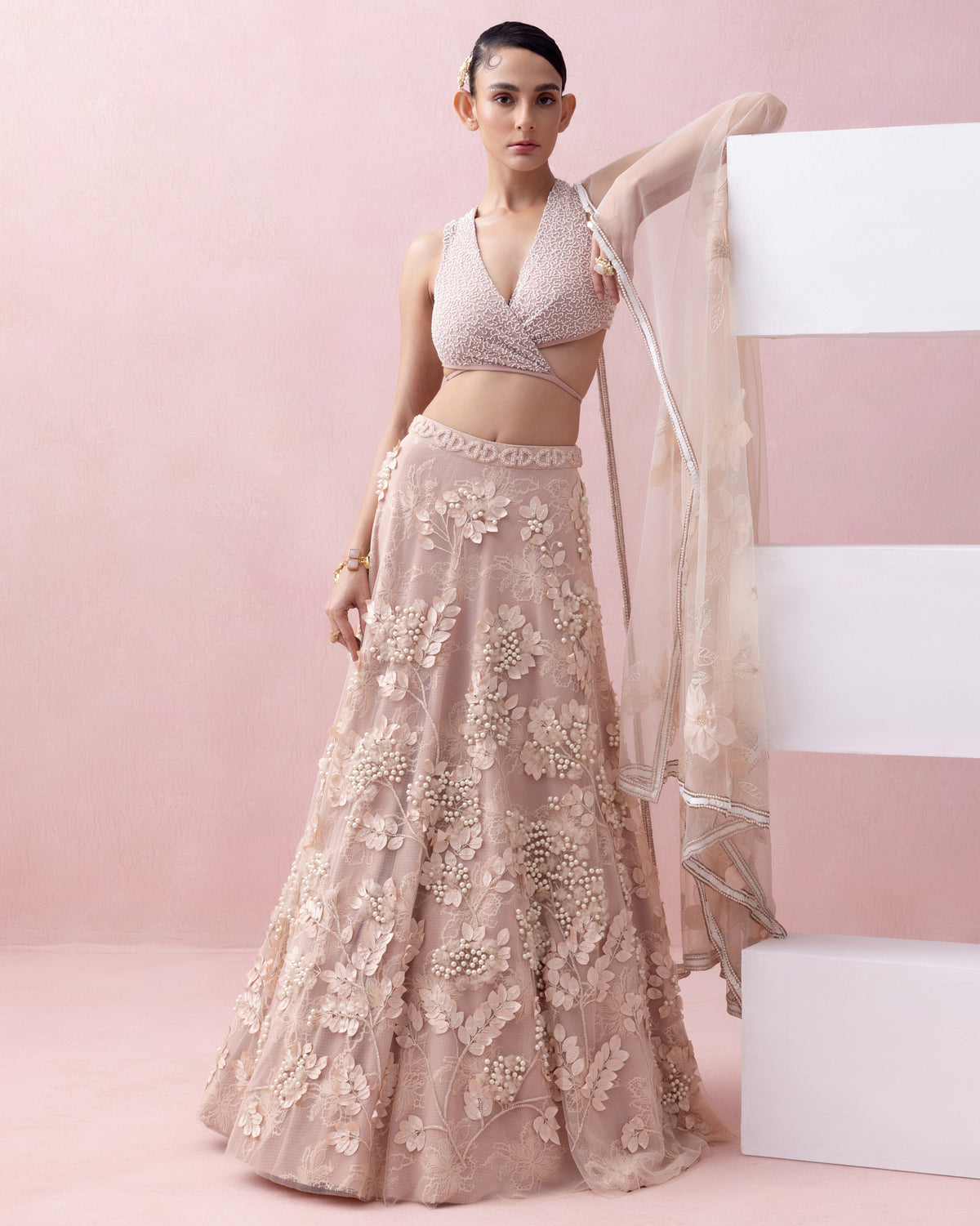 Peach Lace 3D Appliques Tie Up Lehenga Set