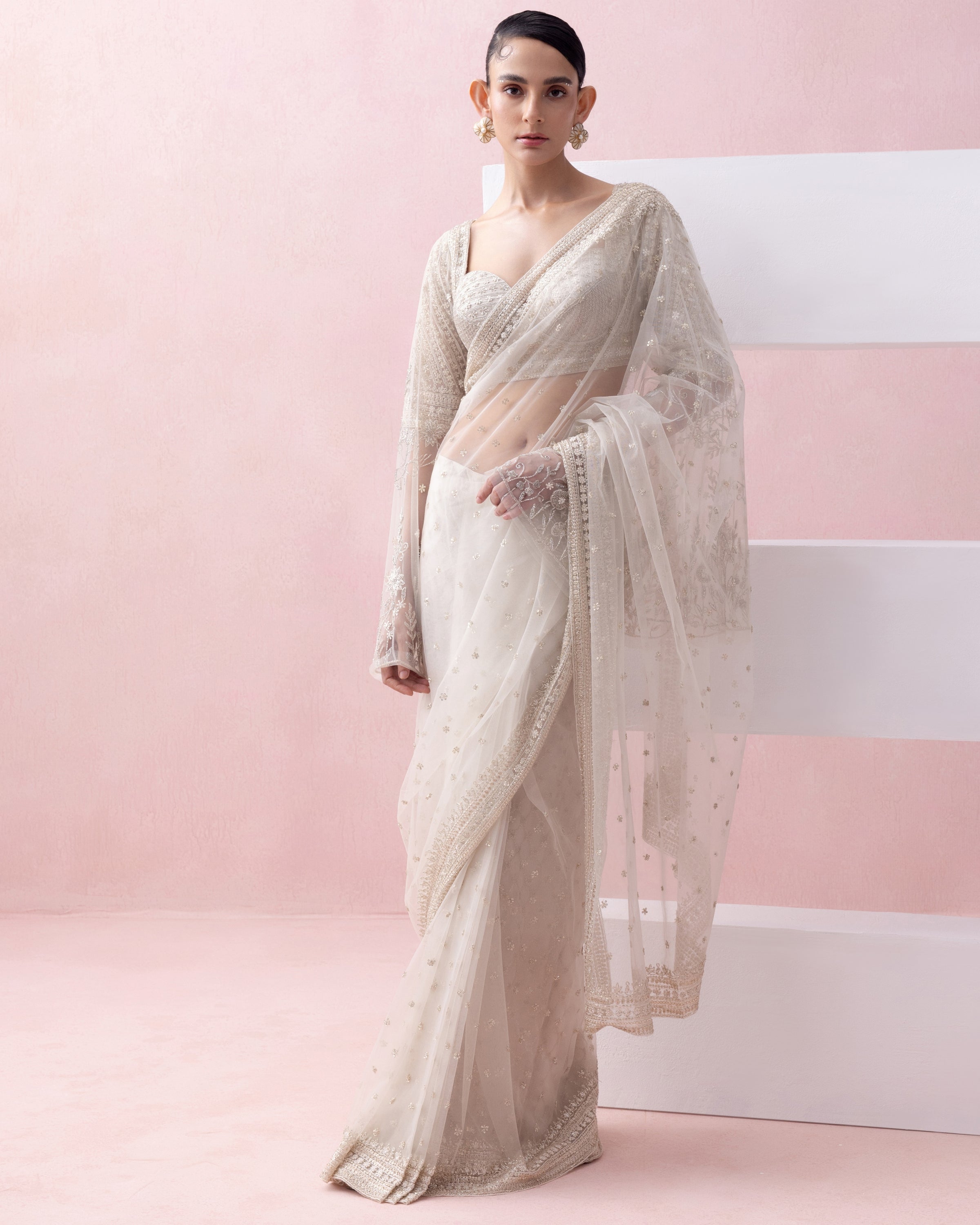 Ivory Tulle Pre-Stitched Sari With Umbrella Sleeve Blouse