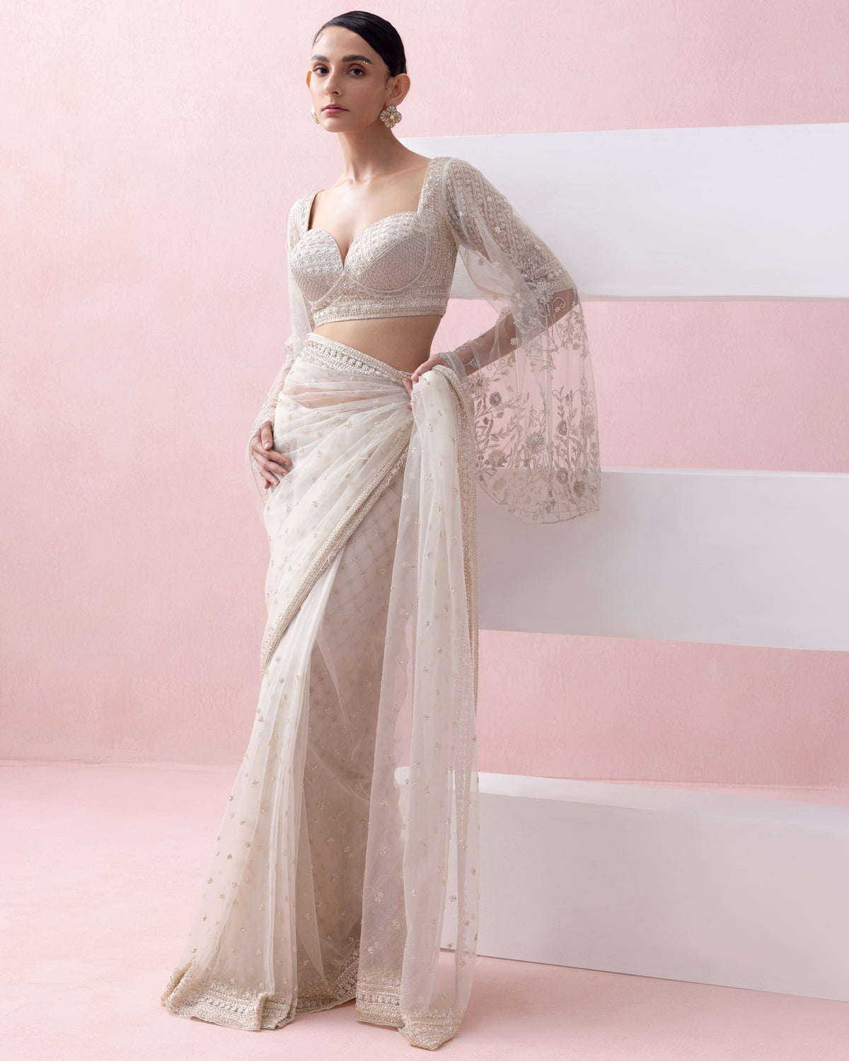 Ivory Tulle Pre-Stitched Sari With Umbrella Sleeve Blouse