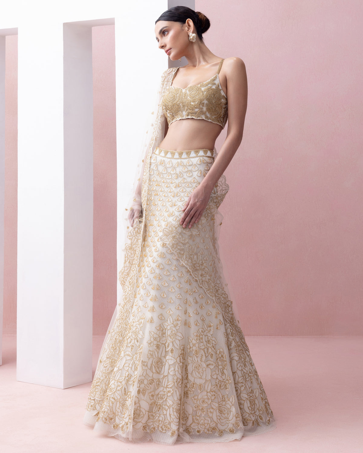 Ivory and Gold Fishtail Organza Applique, Crystals Lehenga Set