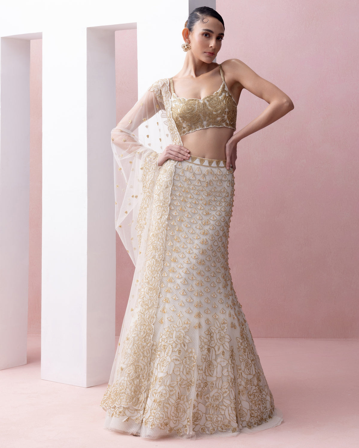 Ivory and Gold Fishtail Organza Applique, Crystals Lehenga Set