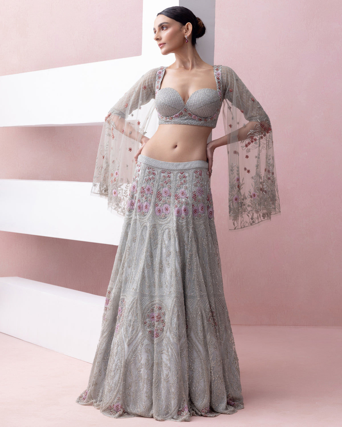 Baby Blue Bagh Lehenga With Umbrella Sleeve Blouse