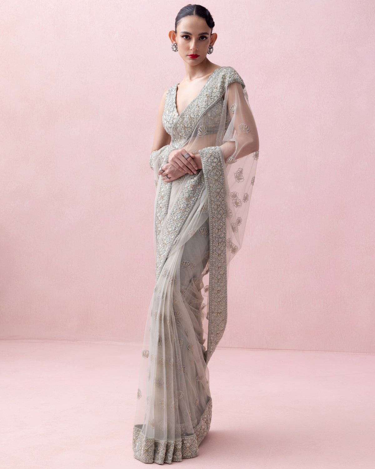 Mint Green Organza Border and Threadwork Blouse Tulle Sari