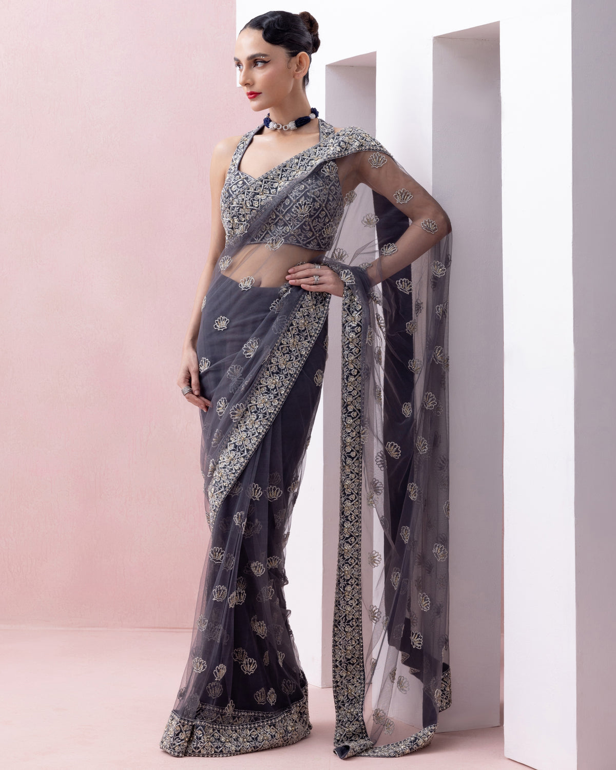 Aegean Blue Tulle Sari With Organza Border And Razorback Blouse