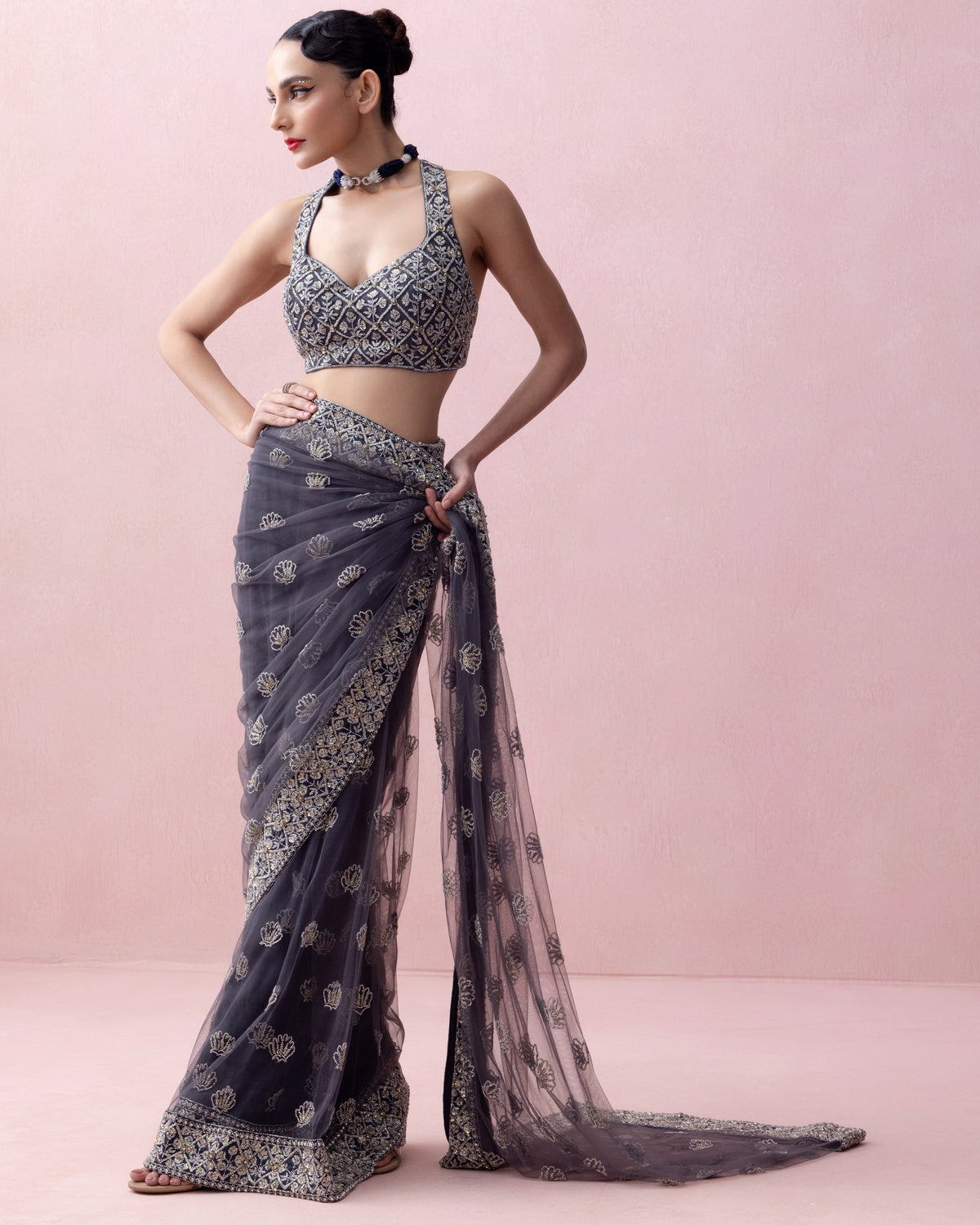 Aegean Blue Tulle Sari With Organza Border And Razorback Blouse