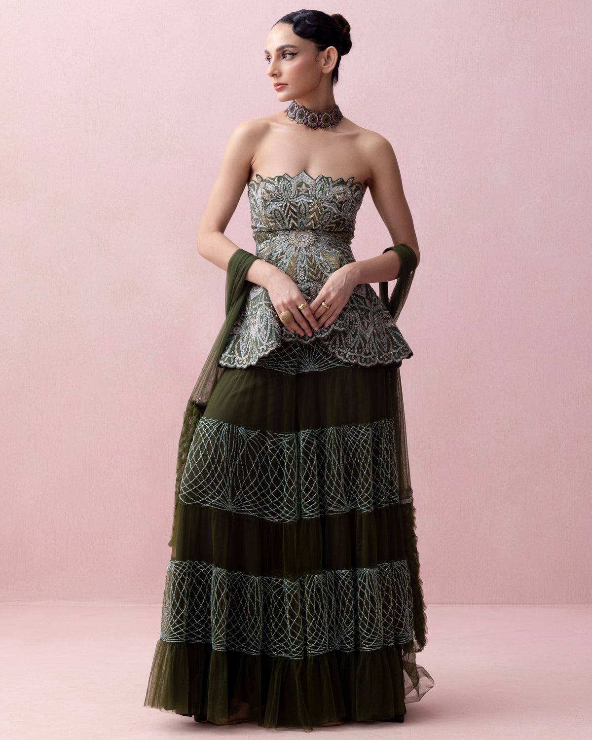 Forest Green Threadwork Peplum with Tulle Sharara and Smocked Stole