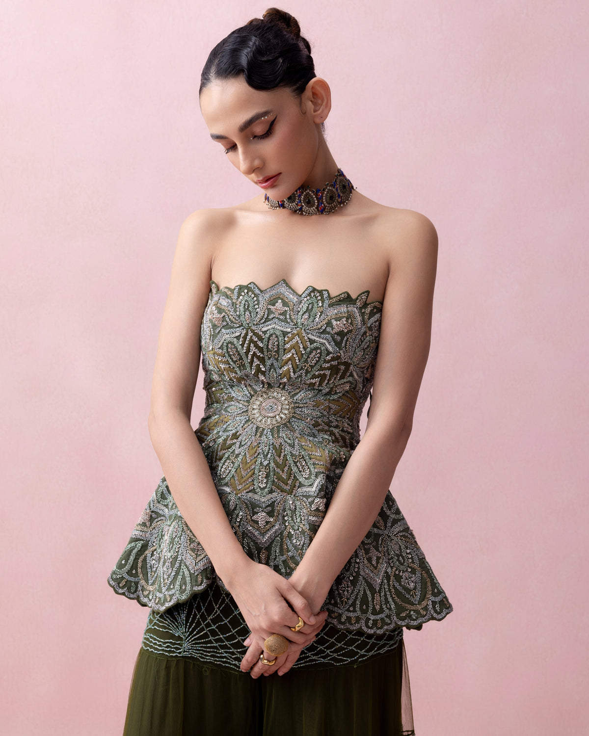 Forest Green Threadwork Peplum with Tulle Sharara and Smocked Stole