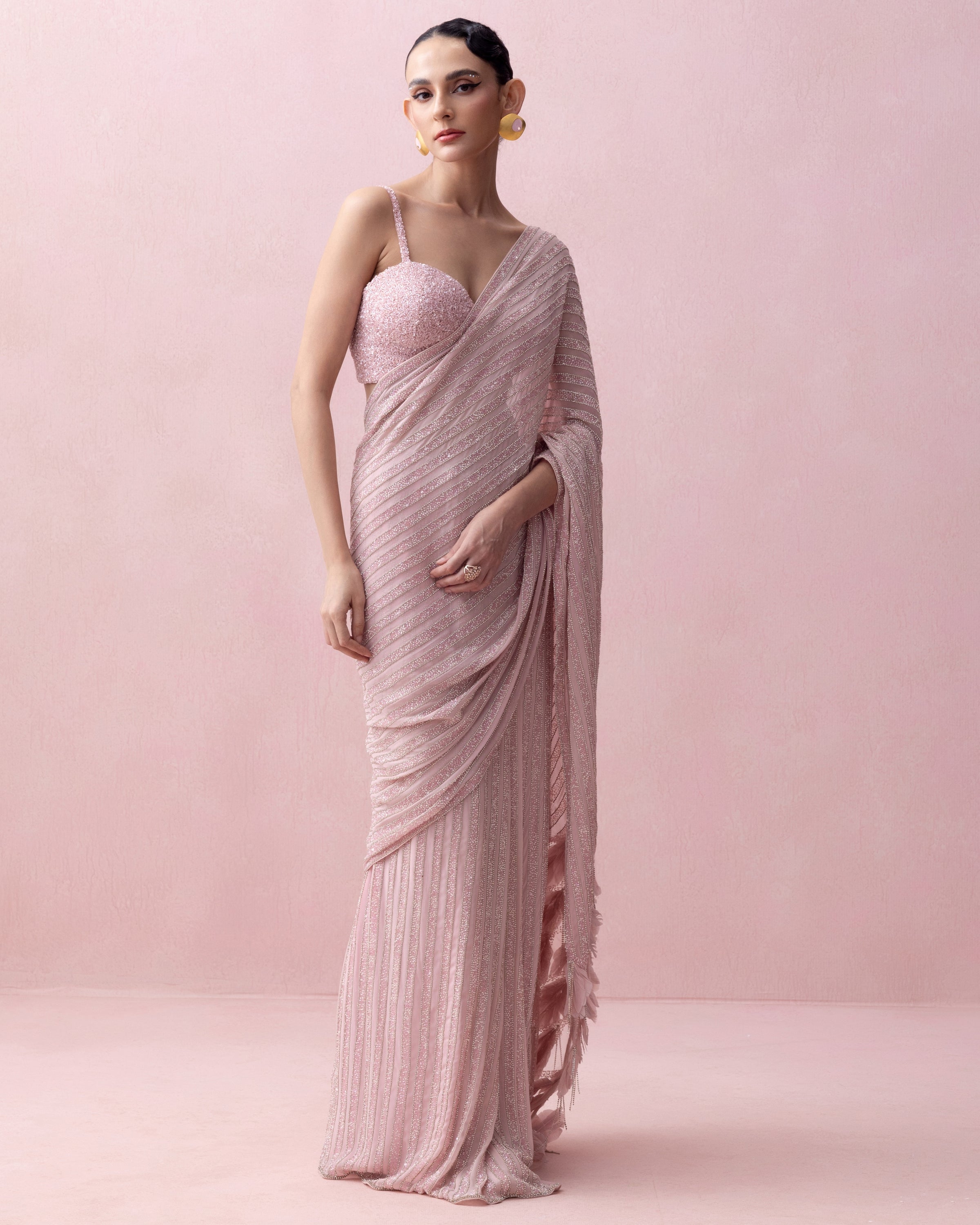 Pink Pre-Stitched Swarovski Sari