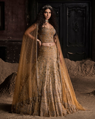 Gold Organza Lehenga With Corset And Dupatta Set