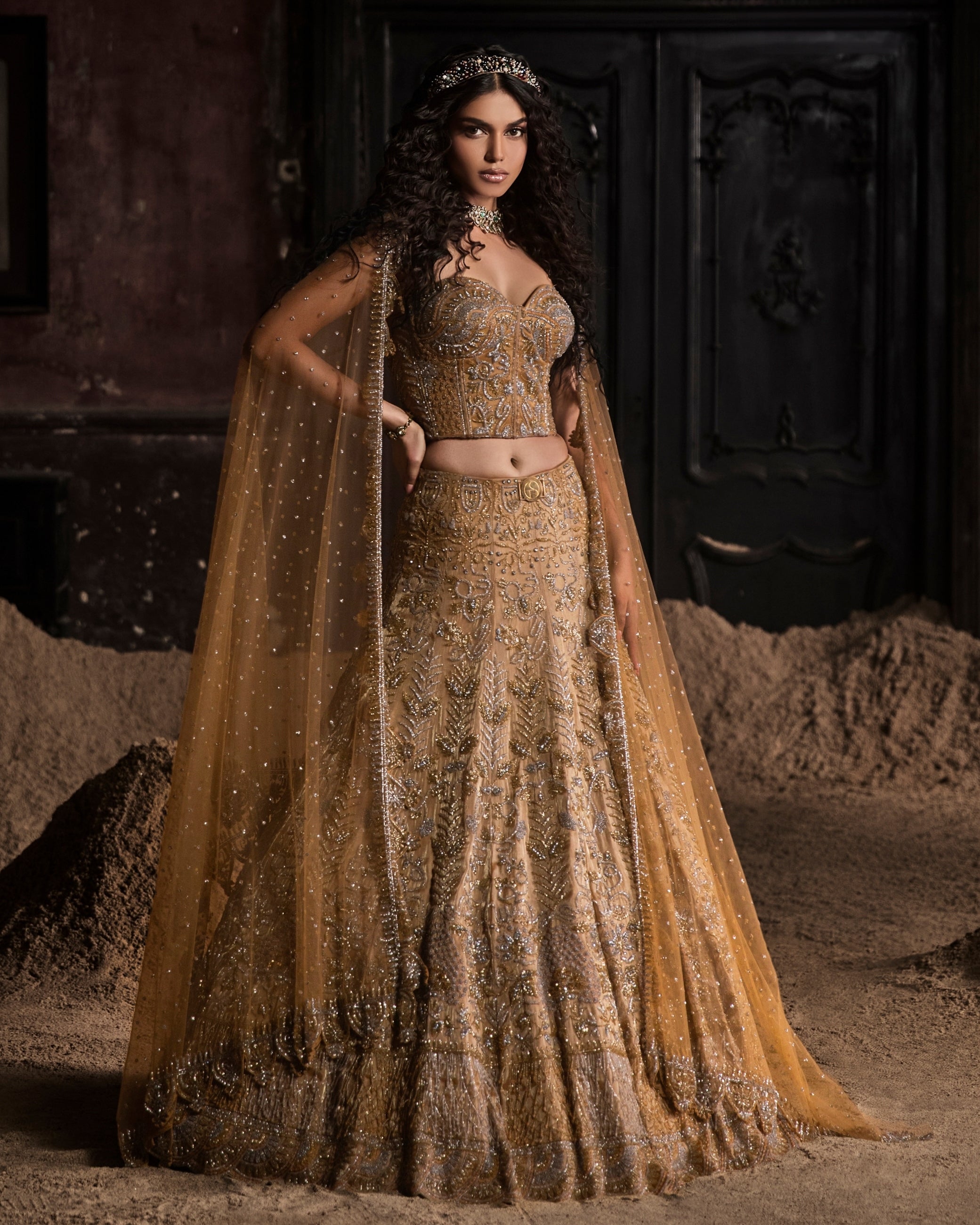 Gold Organza Lehenga With Corset And Dupatta Set