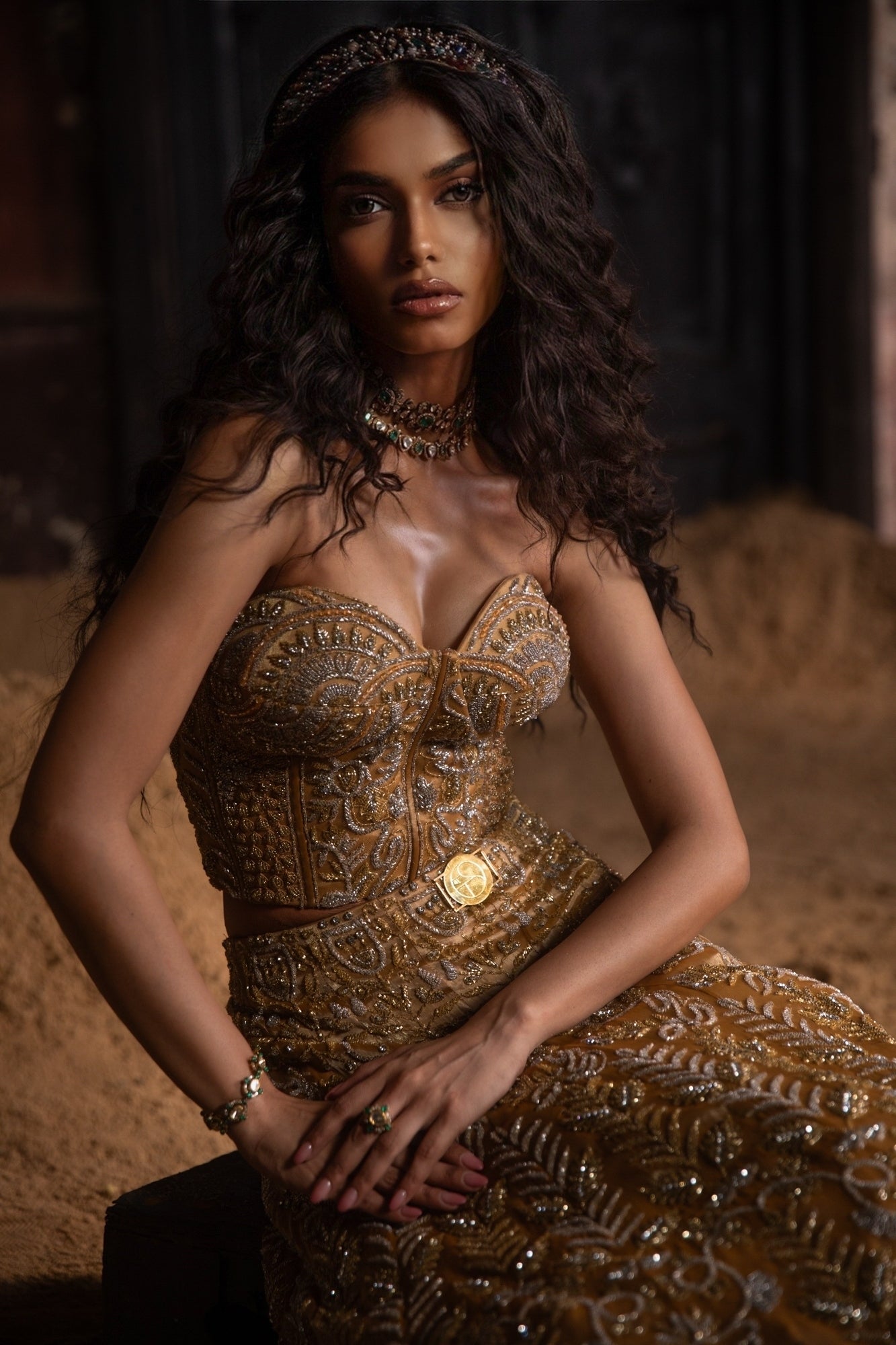 Gold Organza Lehenga With Corset And Dupatta Set