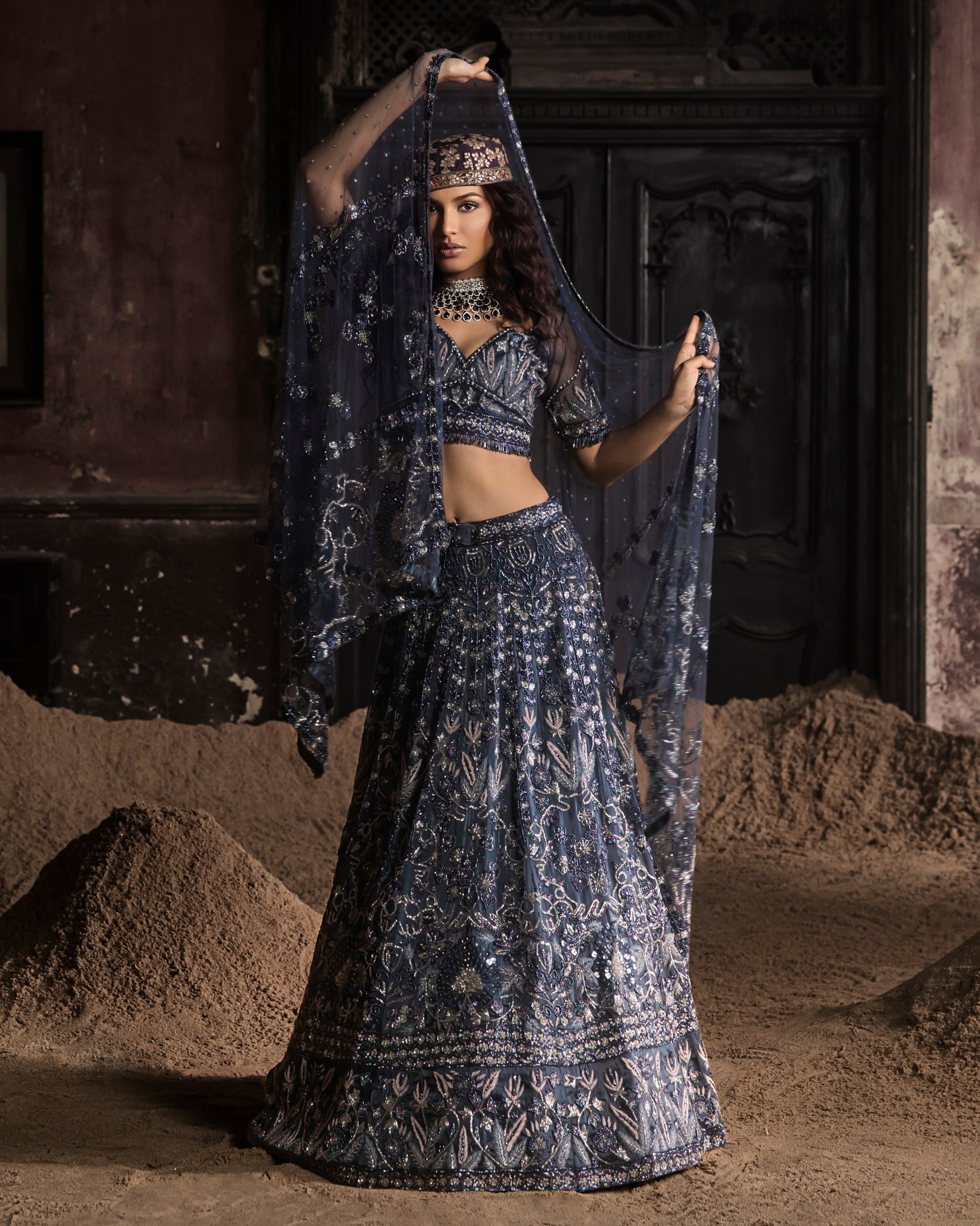 Navy Blue Organza Lehenga With Threadwork Blouse And Dupatta Set