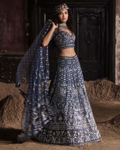 Navy Blue Organza Lehenga With Threadwork Blouse And Dupatta Set