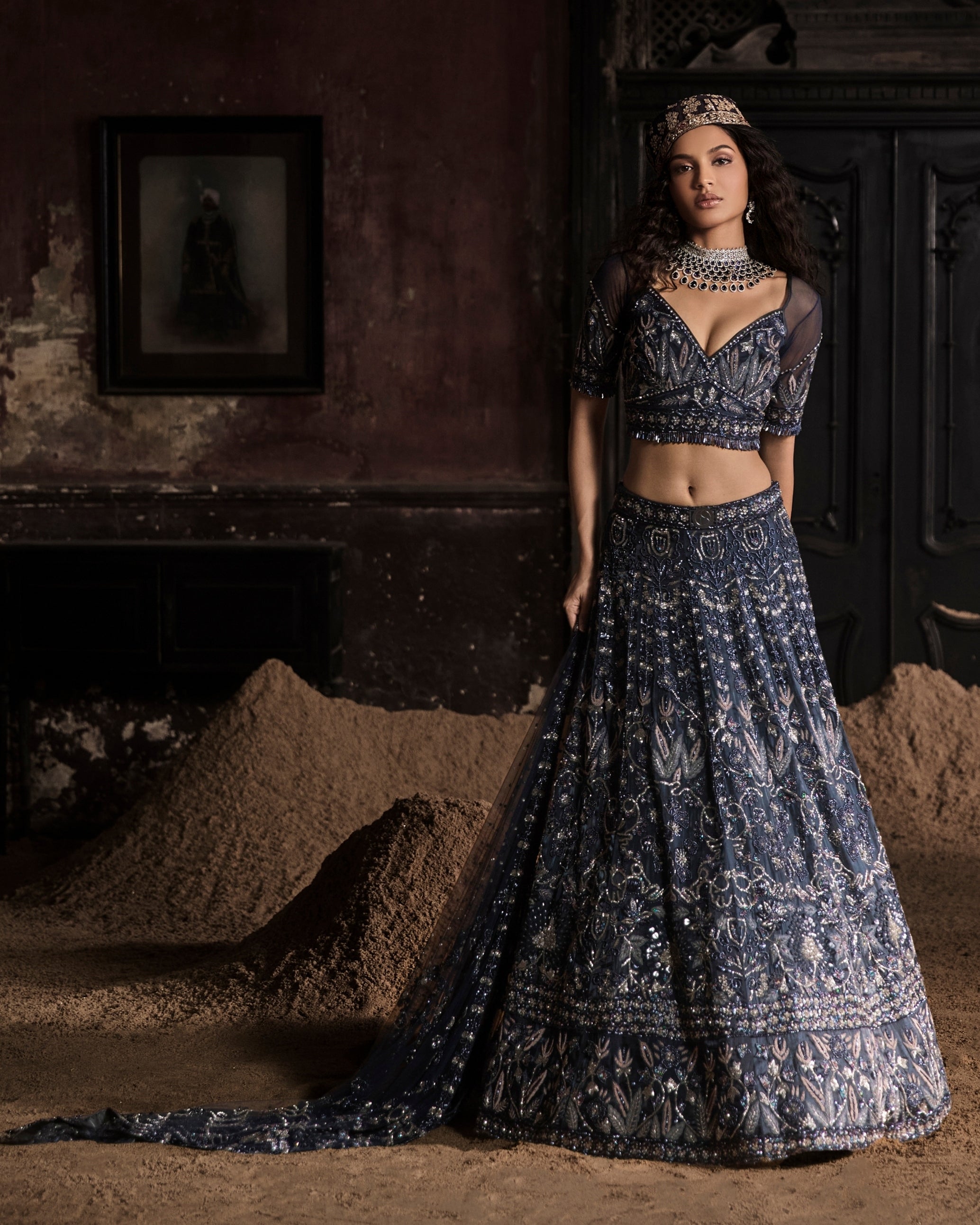 Navy Blue Organza Lehenga With Threadwork Blouse And Dupatta Set