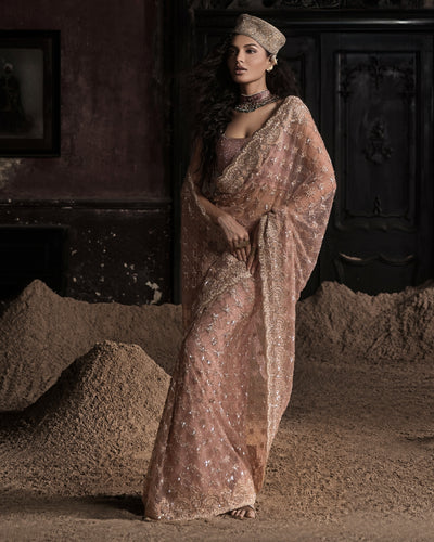Peach Pre-Stitched Tulle Sari With Crystal Embellished Blouse