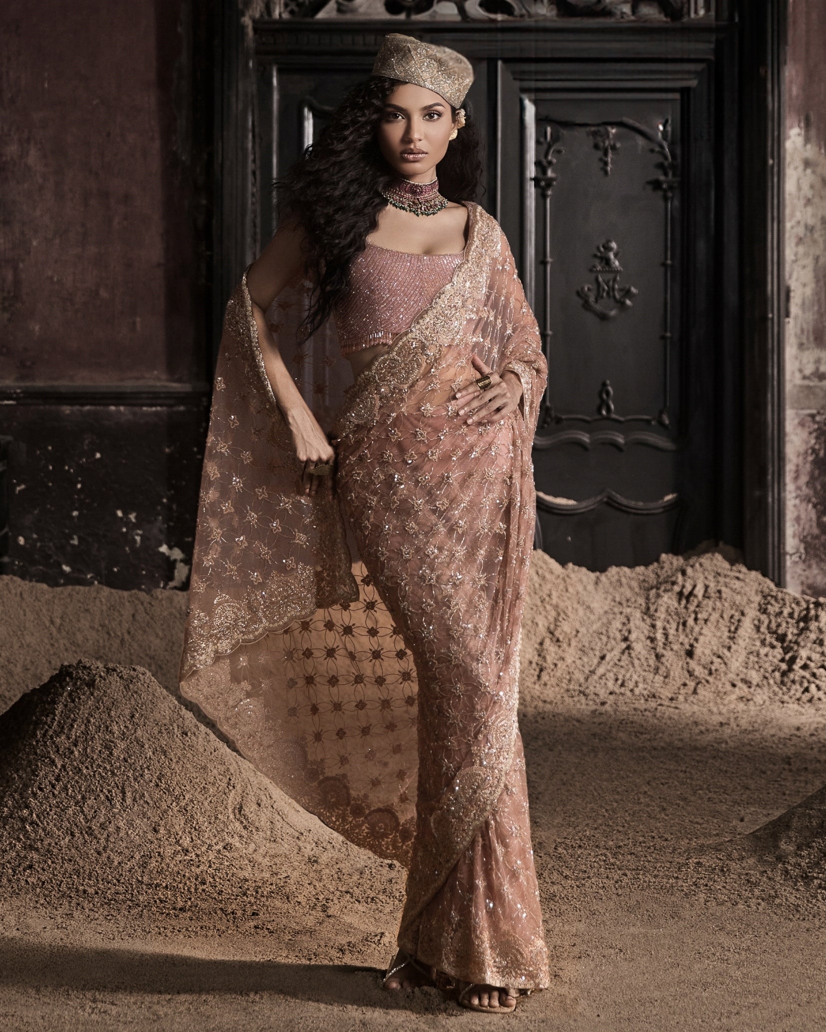Peach Pre-Stitched Tulle Sari With Crystal Embellished Blouse