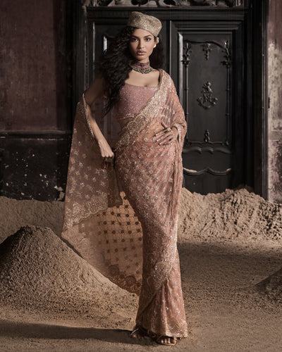 Peach Pre-Stitched Tulle Sari With Crystal Embellished Blouse