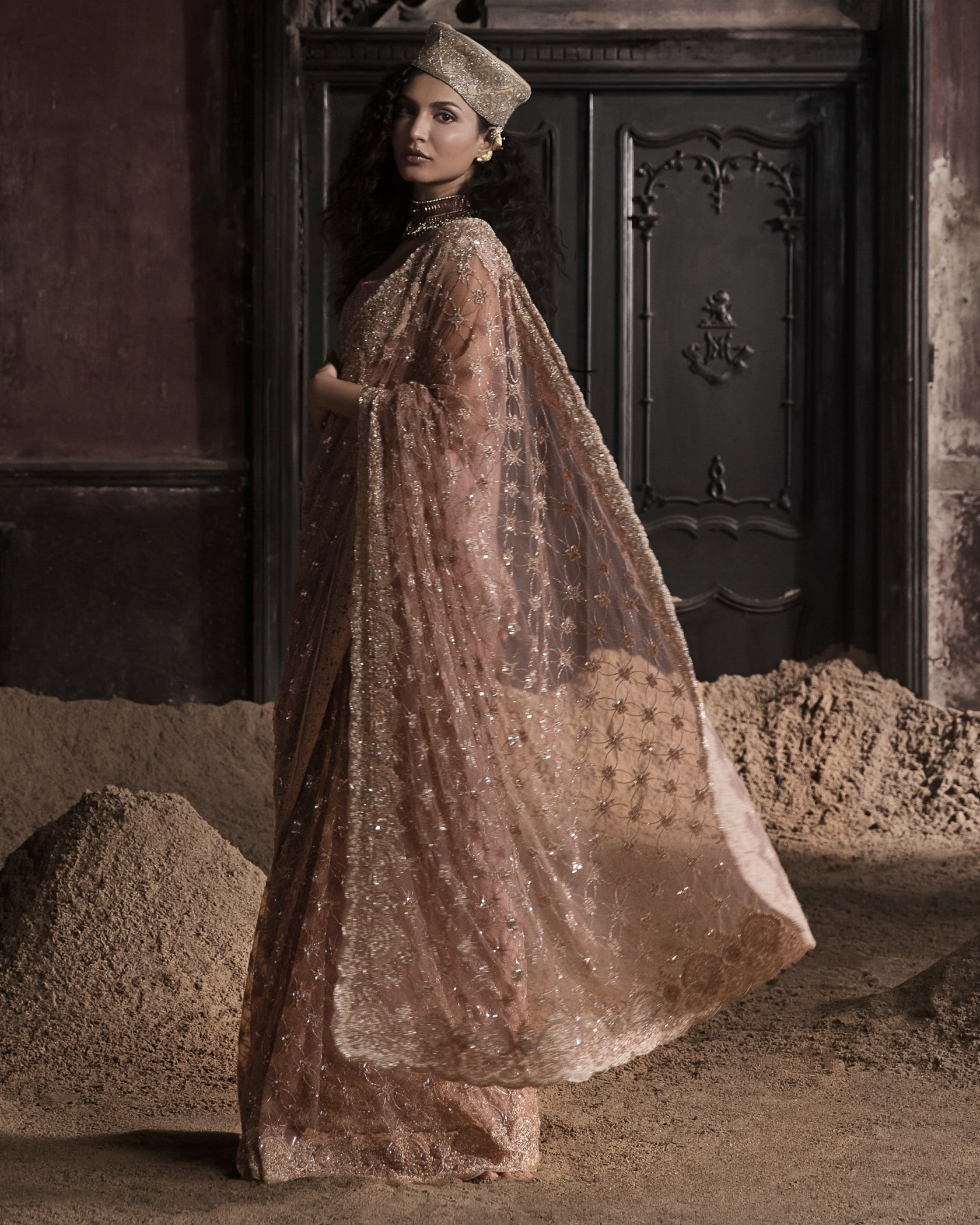 Peach Pre-Stitched Tulle Sari With Crystal Embellished Blouse