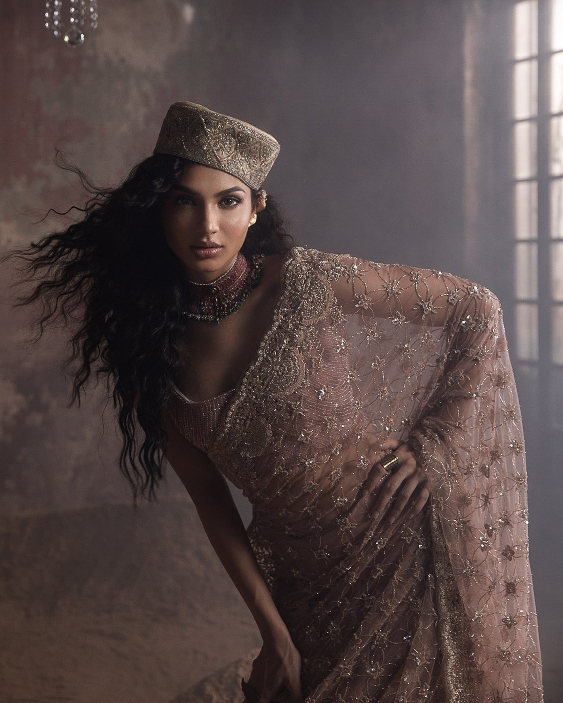 Peach Pre-Stitched Tulle Sari With Crystal Embellished Blouse