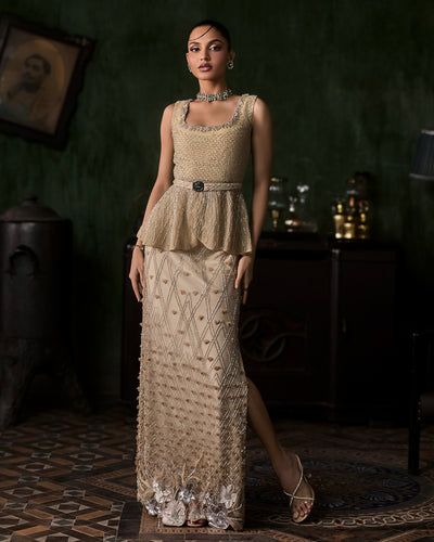 Sea Green Organza Peplum With 3D Petal Slit Skirt Set