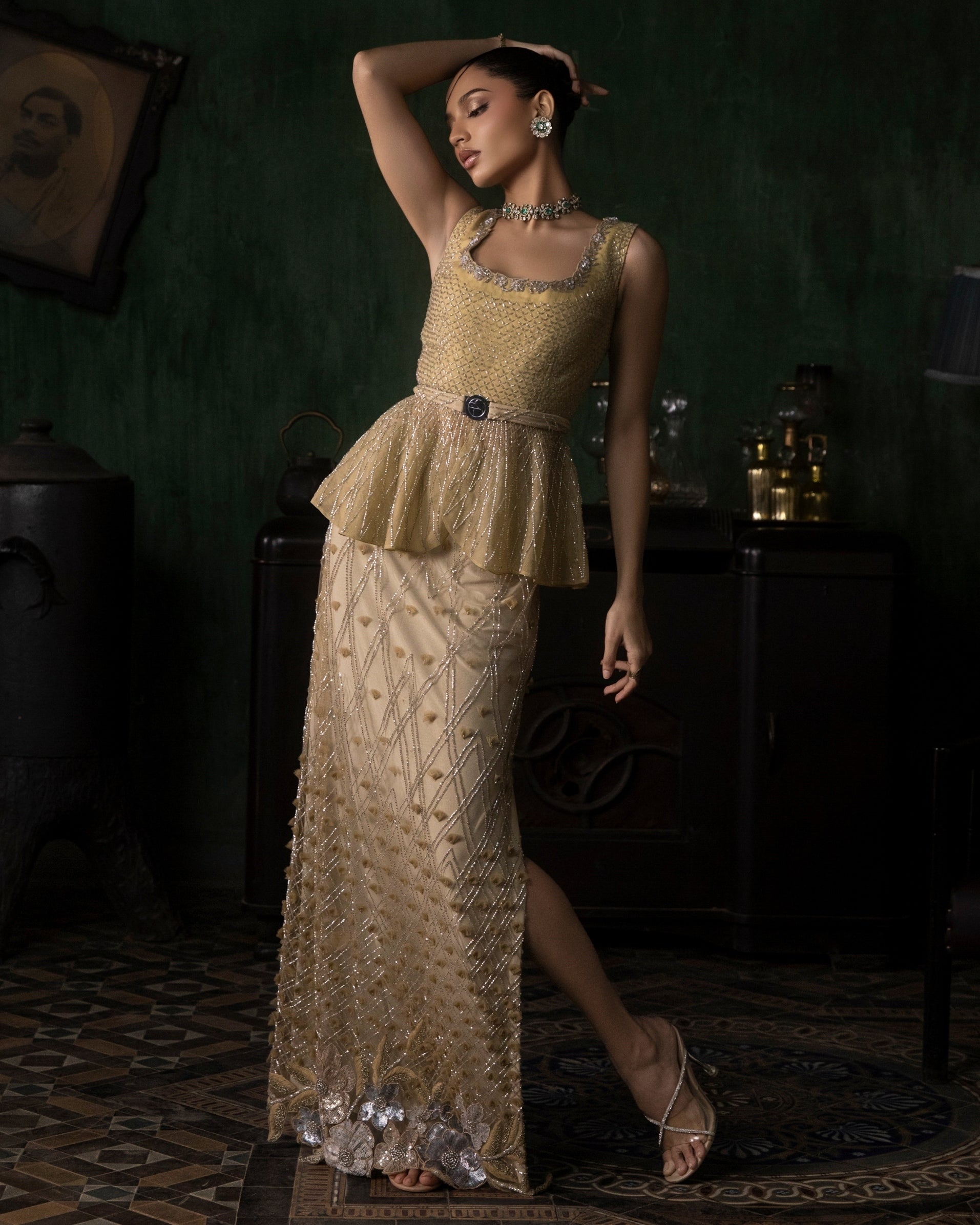 Sea Green Organza Peplum With 3D Petal Slit Skirt Set