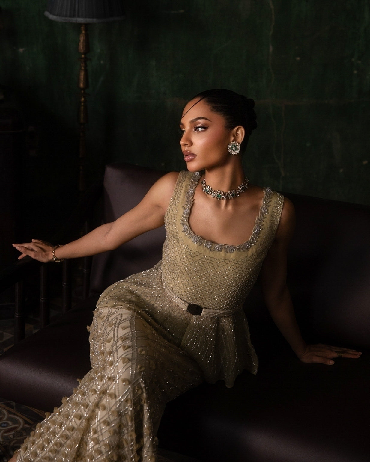 Sea Green Organza Peplum With 3D Petal Slit Skirt Set