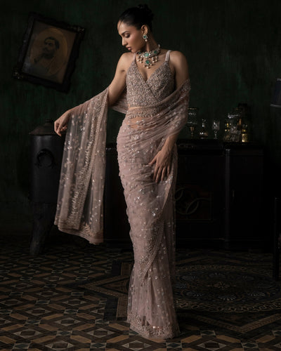 Pale Pink Pre-Stitched Tulle Sari With Tie Up Blouse Set