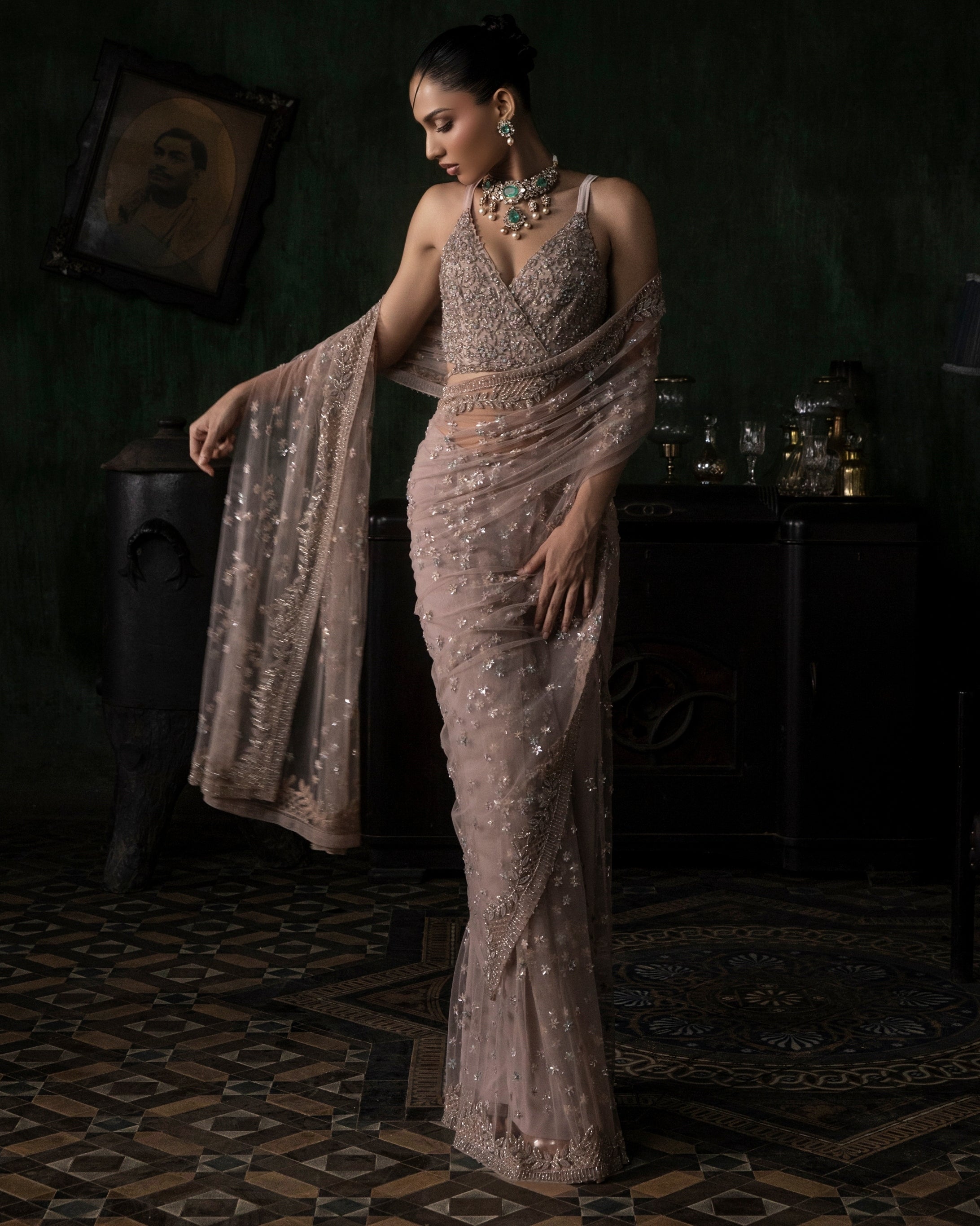 Pale Pink Pre-Stitched Tulle Sari With Tie Up Blouse Set