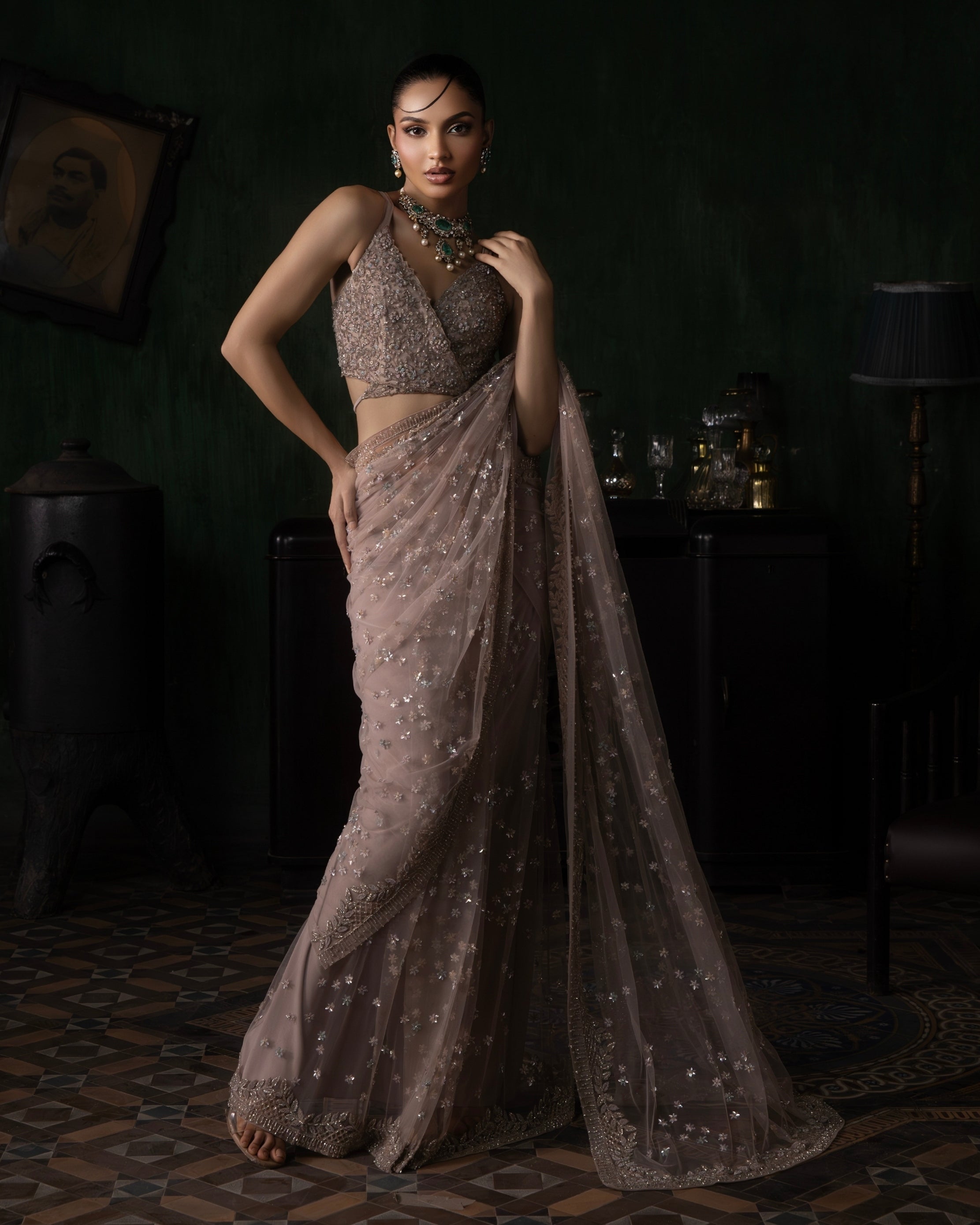 Pale Pink Pre-Stitched Tulle Sari With Tie Up Blouse Set