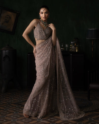 Pale Pink Pre-Stitched Tulle Sari With Tie Up Blouse Set