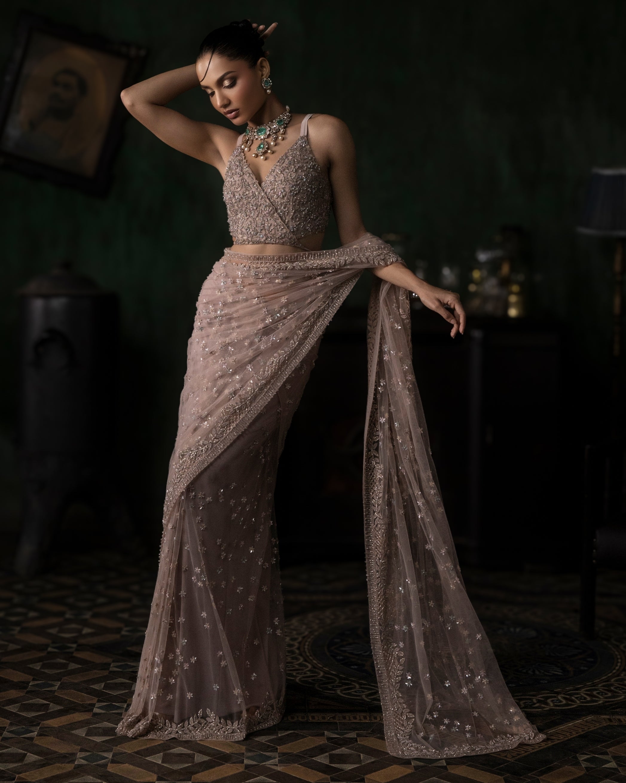 Pale Pink Pre-Stitched Tulle Sari With Tie Up Blouse Set