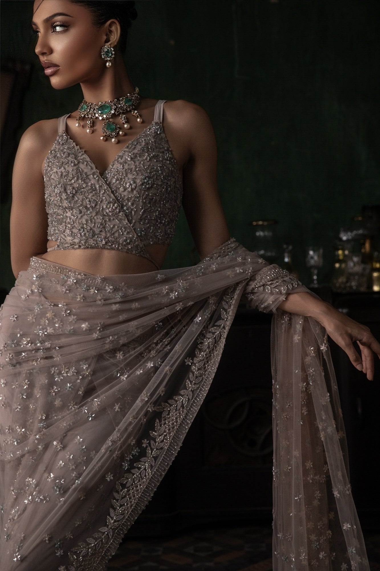 Pale Pink Pre-Stitched Tulle Sari With Tie Up Blouse Set