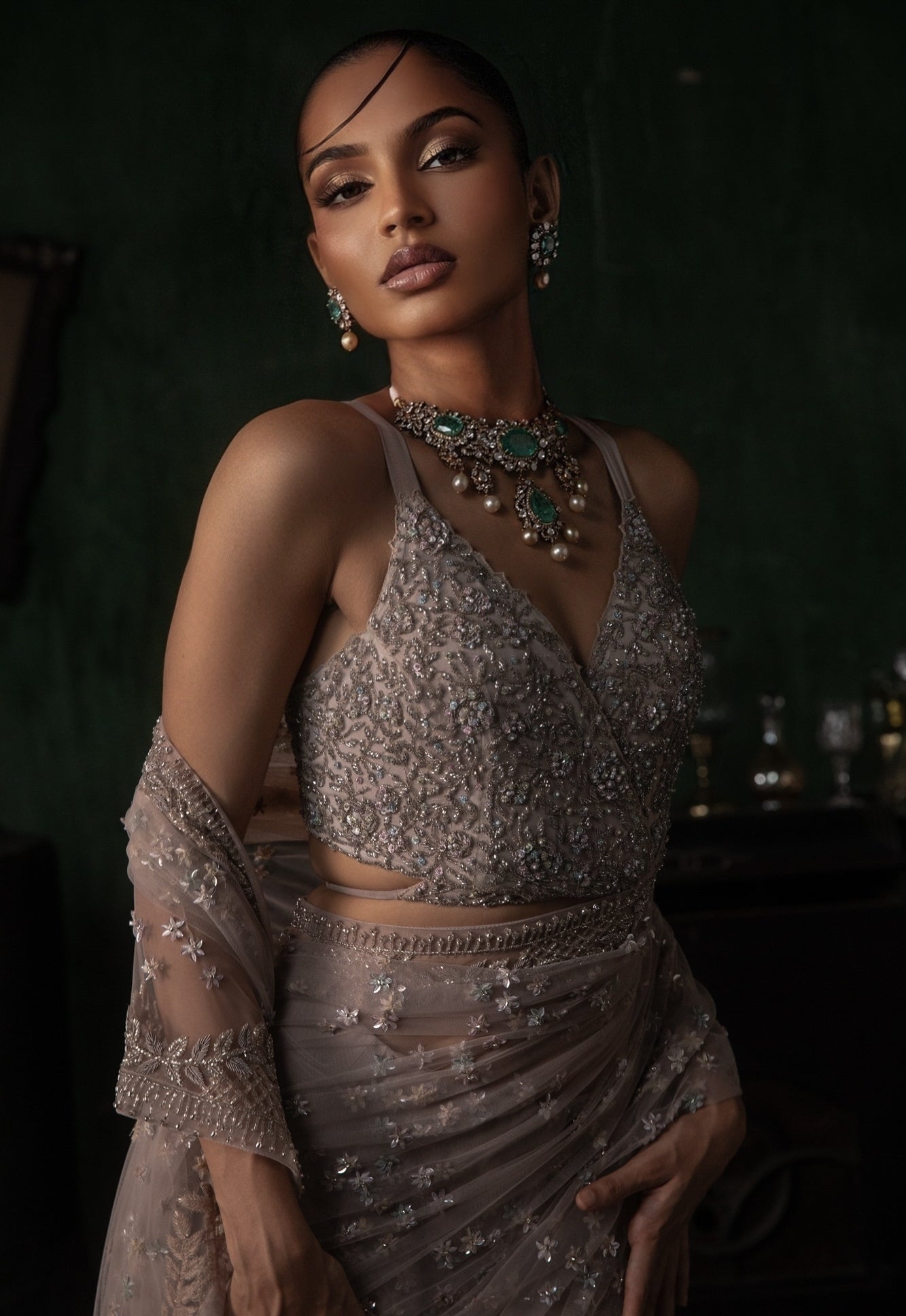 Pale Pink Pre-Stitched Tulle Sari With Tie Up Blouse Set