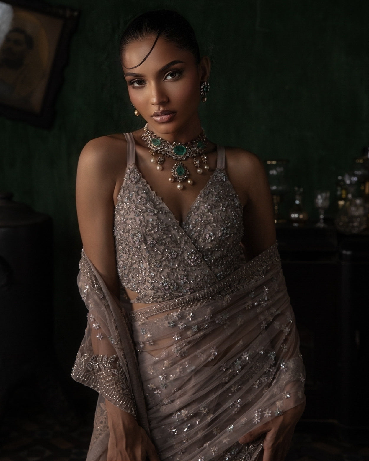 Pale Pink Pre-Stitched Tulle Sari With Tie Up Blouse Set