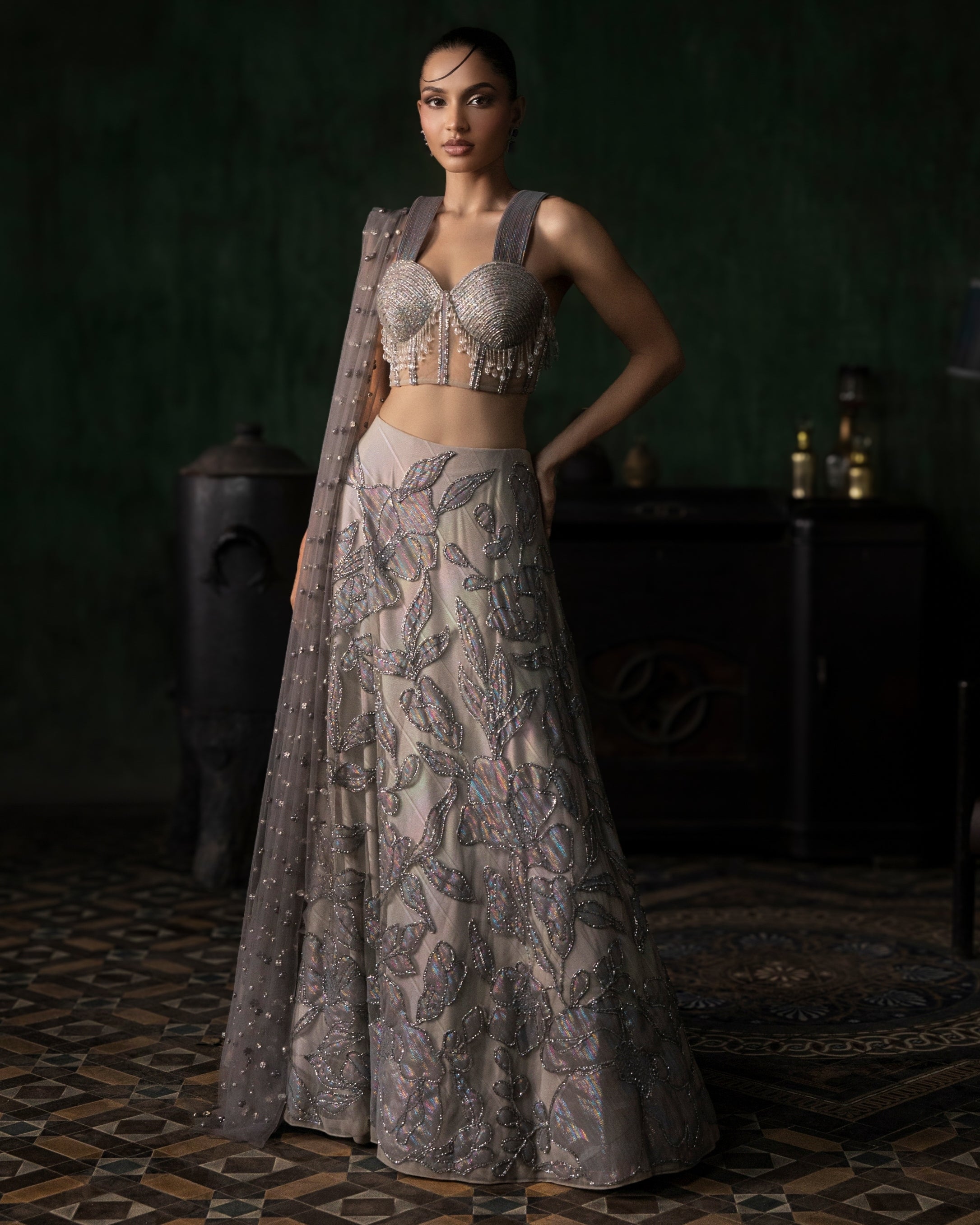 Grey Applique Lehenga With Corset And Armhole Dupatta Set