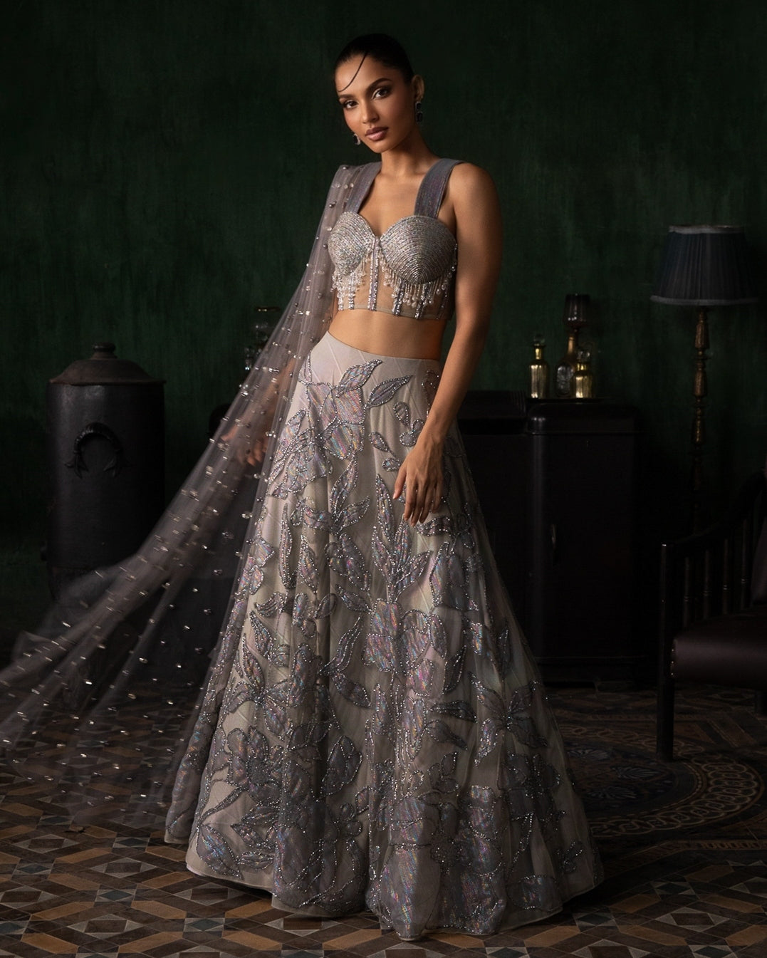 Grey Applique Lehenga With Corset And Armhole Dupatta Set