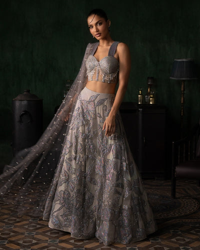 Grey Applique Lehenga With Corset And Armhole Dupatta Set