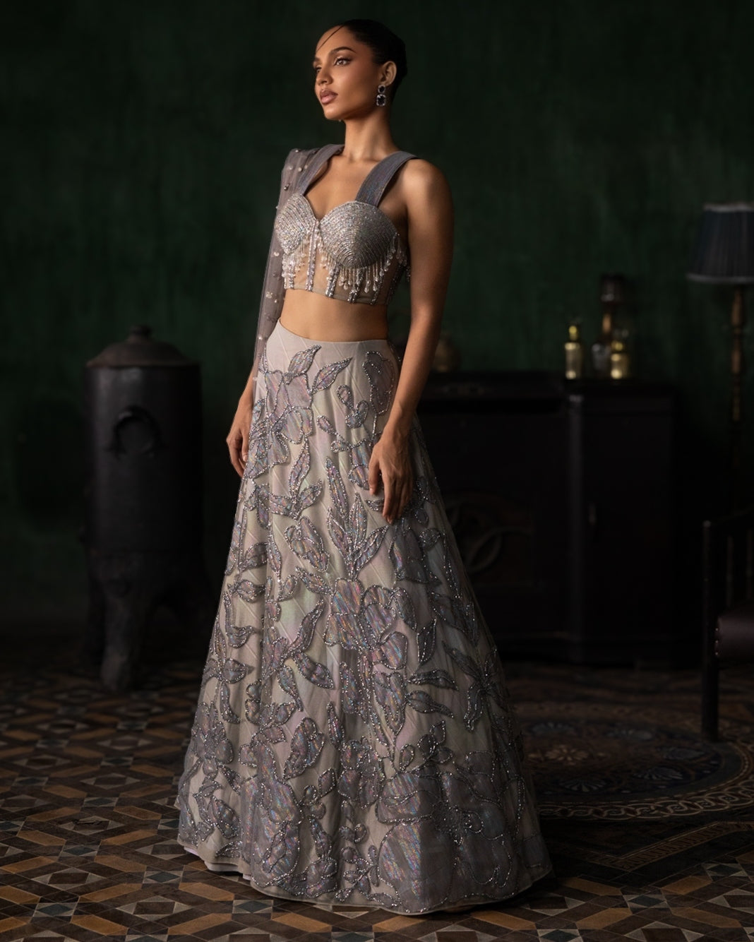 Grey Applique Lehenga With Corset And Armhole Dupatta Set