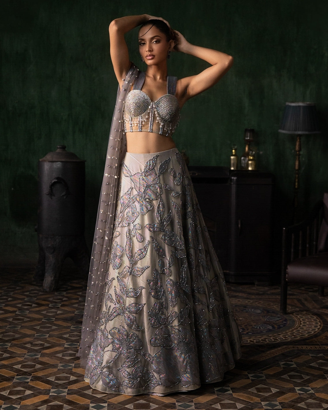 Grey Applique Lehenga With Corset And Armhole Dupatta Set