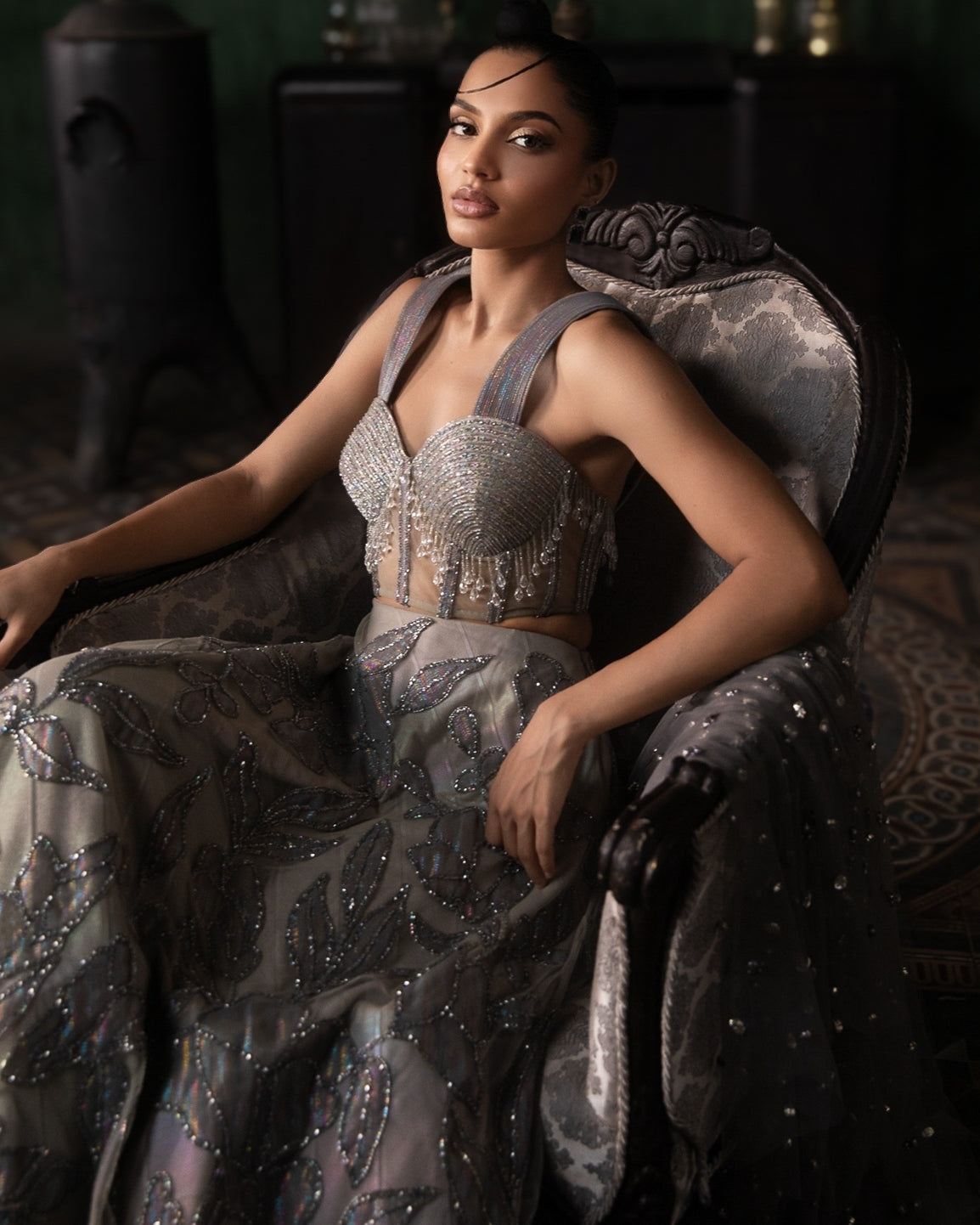 Grey Applique Lehenga With Corset And Armhole Dupatta Set