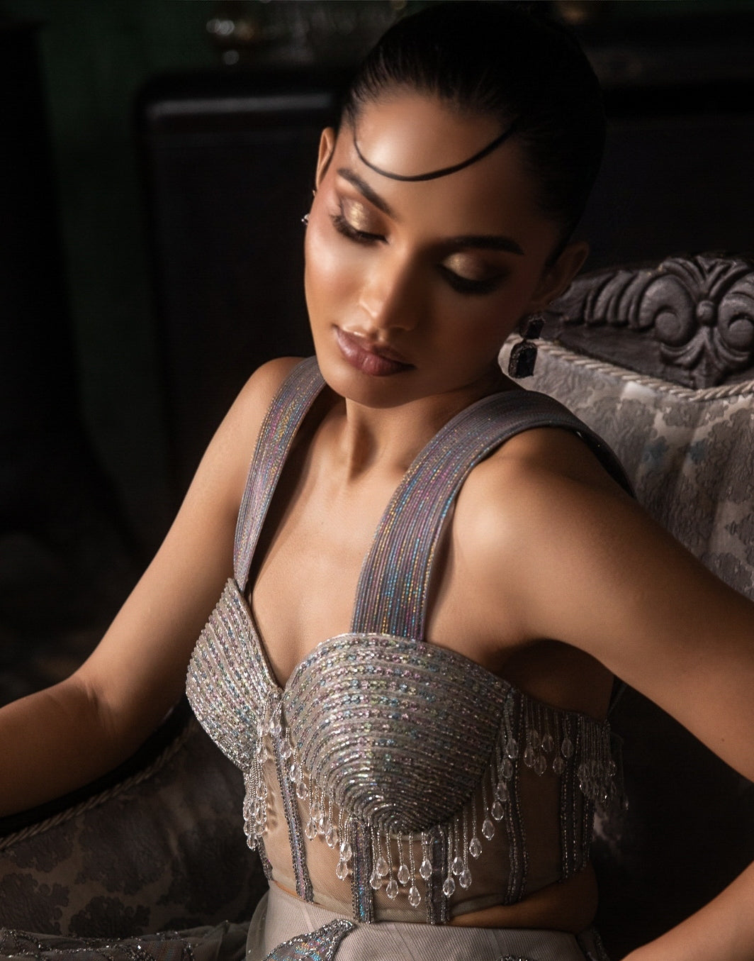 Grey Applique Lehenga With Corset And Armhole Dupatta Set