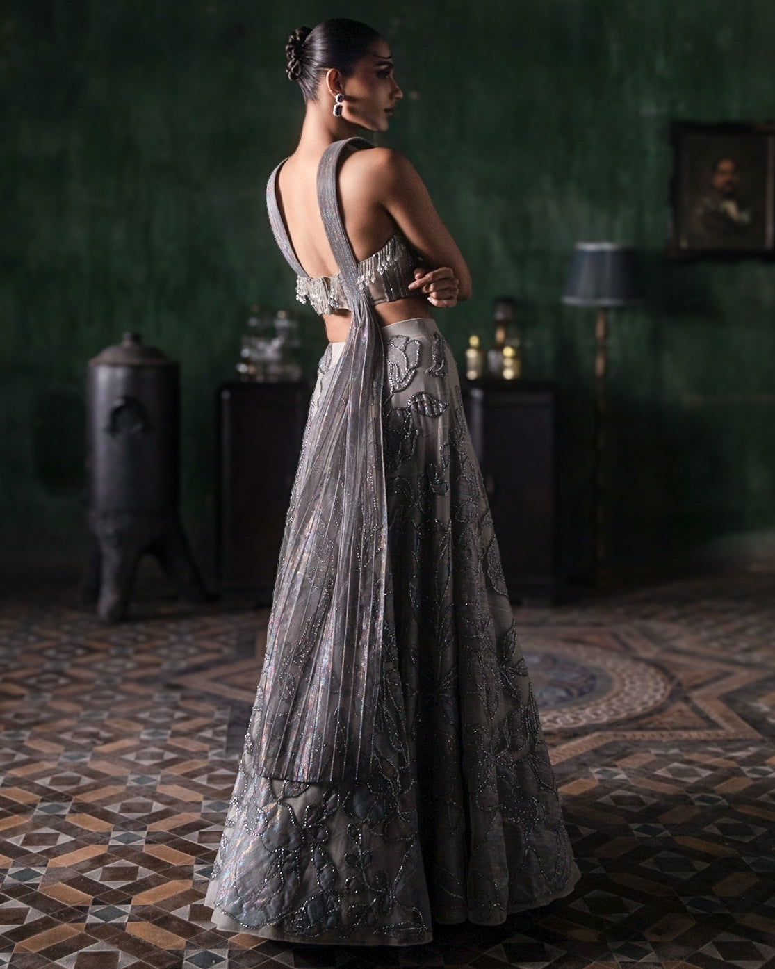 Grey Applique Lehenga With Corset And Armhole Dupatta Set