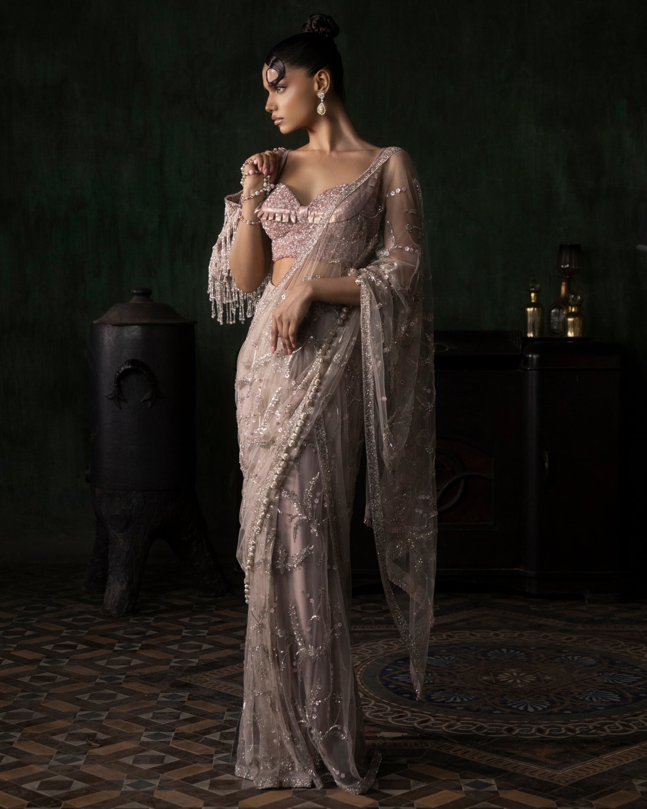 Stone Pre-Stitched Sari With Sequinned Blouse Set