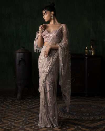 Stone Pre-Stitched Sari With Sequinned Blouse Set